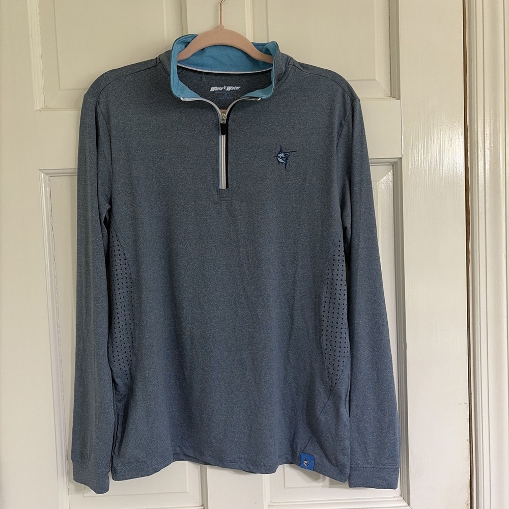 White Water Monterey Men's M Blue 1/4 Zip Pullover Performance Shirt Marlin Logo